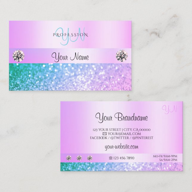Shimmery Ljus rosa Teal Glitter Monogram Pastel Visitkort (Fram/baksida)