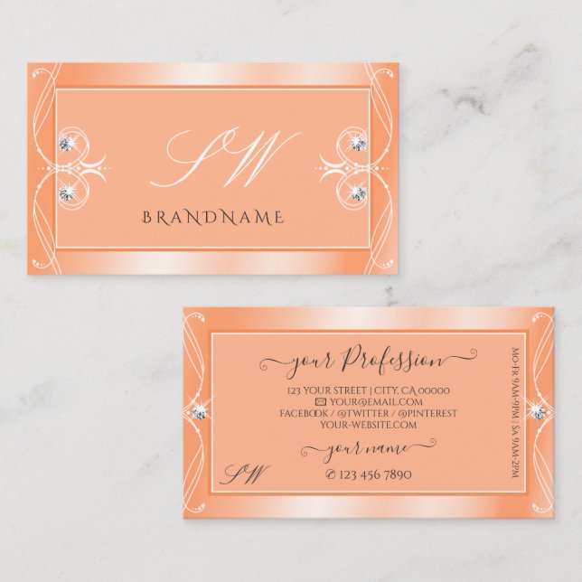 Shimmery Peach Sparkling Diamonds Initialer Ornate Visitkort (Fram/baksida)
