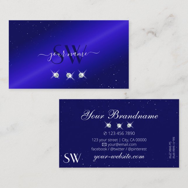 Shimmery Royal Blue Sparkling Diamonds Initialer Visitkort (Fram/baksida)