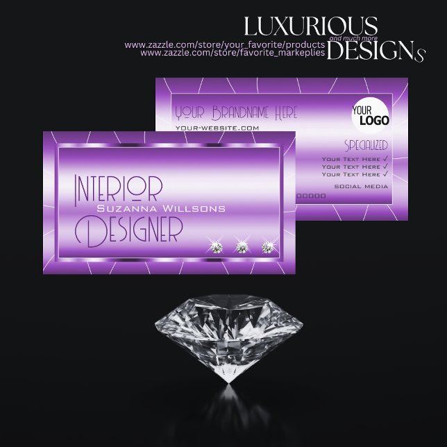 Shimmery Royal Lila med diamanter och Logotyp Glam Visitkort (Skapare uppladdad)
