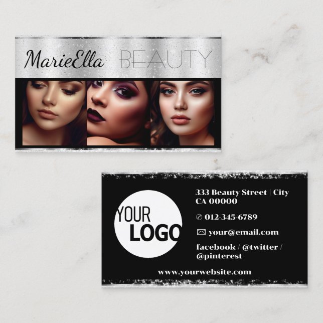 Shimmery Silver Glitter Chrome med Logotyp Bilder Visitkort (Fram/baksida)