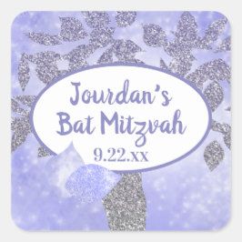 Shimmery Silver Livets träd Bat mitzvah Sticker Fyrkantigt Klistermärke