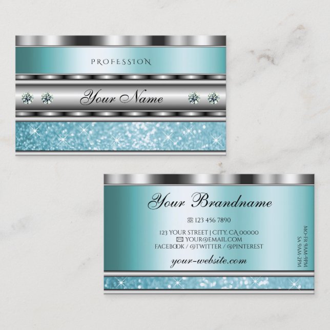 Shimmery Silver Sparkling Teal Glitter Diamonds Visitkort (Fram/baksida)
