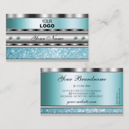 Shimmery Silver Sparkling Teal Glitter med Logotyp Visitkort