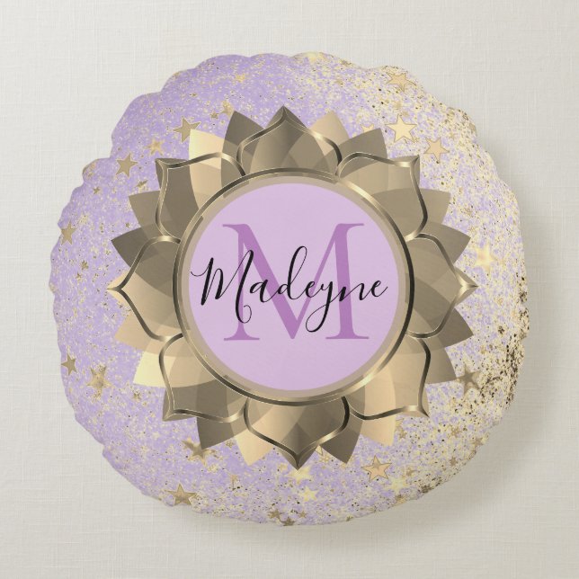 Shimmery Stars Guld Lotus Mandala Monogram Rund Kudde (Framsidan)