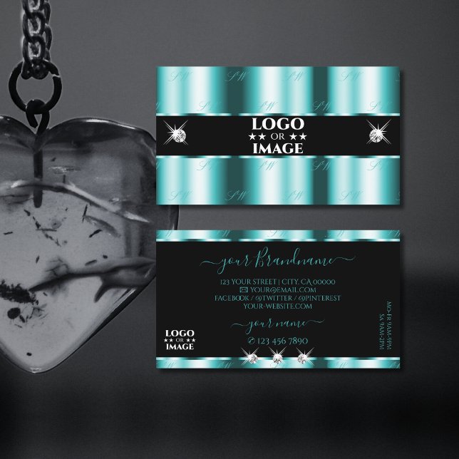 Shimmery Teal Black Sparkling Diamonds med Logotyp Visitkort (Skapare uppladdad)