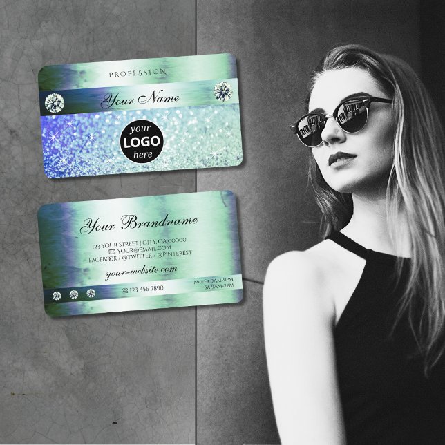 Shimmery Teal Blue Glitter Gnistra Stars med Logot Visitkort (Skapare uppladdad)