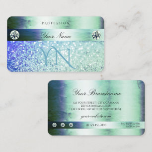 Shimmery Teal Blue Glitter Gnistra Stars Monogram Visitkort