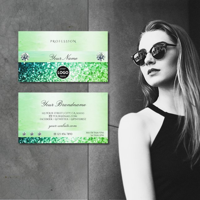 Shimmery Teal Grönt Glitter med Logotyp Profession Visitkort (Skapare uppladdad)