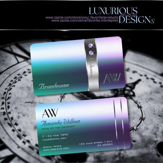 Shimmery Teal Lila Ombre Silver Decor Monogram Visitkort (Skapare uppladdad)