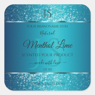 Shimmery Teal med Glitter Initialer produktetikett Fyrkantigt Klistermärke