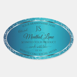 Shimmery Teal med Glitter Initialer produktetikett Ovalt Klistermärke