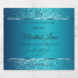 Shimmery Teal med Glitter Initialer produktetikett Spritflaskor Etikett