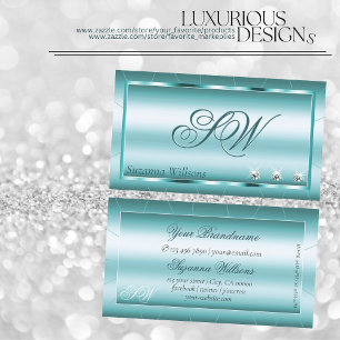 Shimmery Teal with Diamonds and Monogram Elegant Visitkort