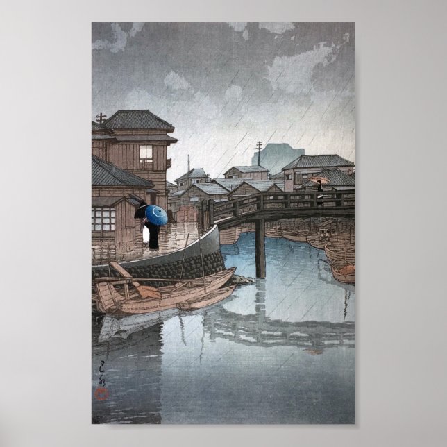 Shinagawa på Rainy Day, Hasui Kawase, Woodcut Poster (Framsidan)