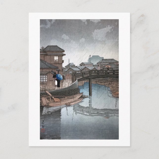 Shinagawa på Rainy Day, Hasui Kawase, Woodcut Vykort (Framsida)