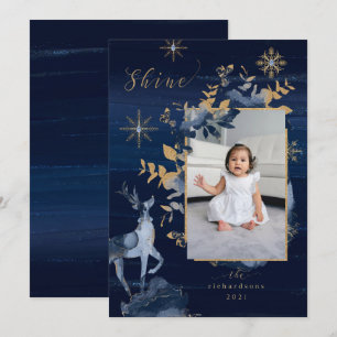 Shine Navy Guld Snöflingor Reindeer & Jewels Photo Julkort