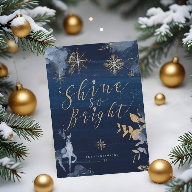 Shine So Bright Navy Guld Snöflingor & Reindeer Julkort (Shine So Bright Navy Gold Snowflakes & Reindeer Holiday Card)