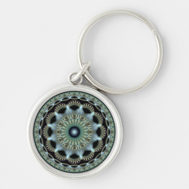 Shining star fractal round ornament rund silverfärgad nyckelring (Framsidan)