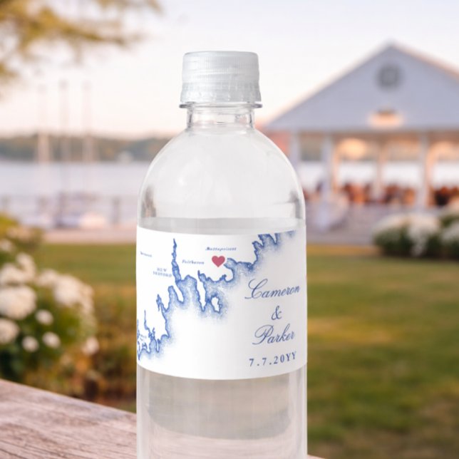 Shining Tides Bröllop Mattapoisett Karta Vattenflaskor Etikett (Shining Tides Wedding Mattapoisett Map Water Bottle Label from Coastal Map Designs)