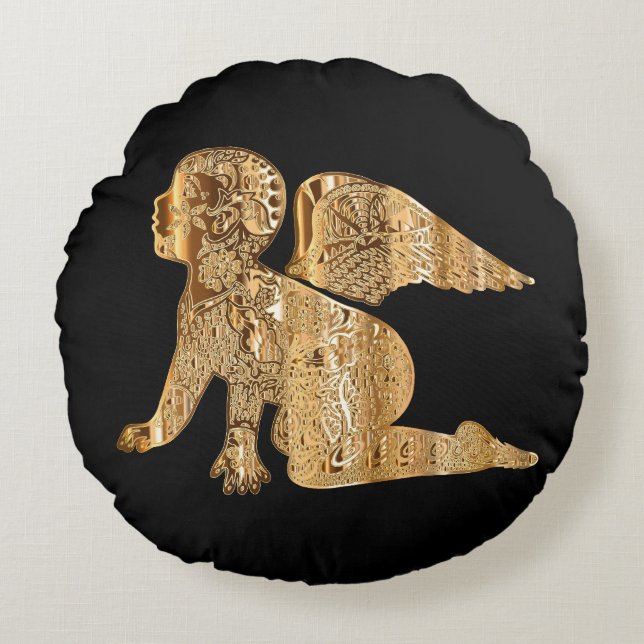 Shiny Baby Angel Vingar Black Guld Angelic Rund Kudde (Framsidan)