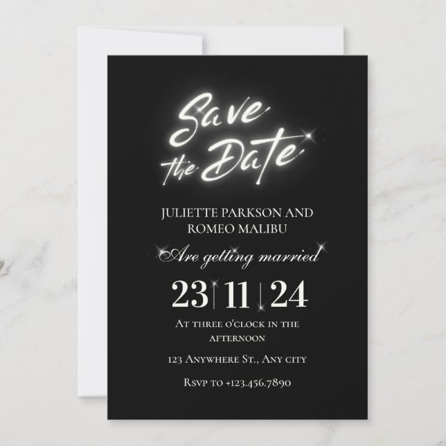 Shiny black elegant Flat Save Date Card Spara Datumet (Framsida)