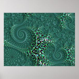 Shiny Blöt Teal Spoted Octopus Fractal Art Poster
