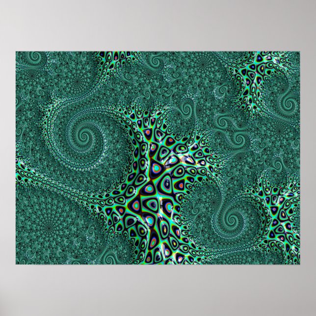 Shiny Blöt Teal Spoted Octopus Fractal Art Poster (Framsidan)