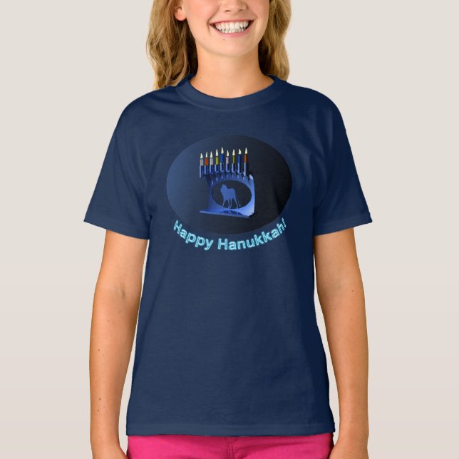 Shiny Blue Chanukkah Menorah T Shirt (Framsida)