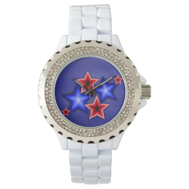 Shiny Blue & Red Stars Rhinestones White Watch Armbandsur (Framsida)