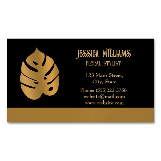 Shiny Bronze Flower Monstera Löv på svart Magnetiska Visitkort (Framsida)