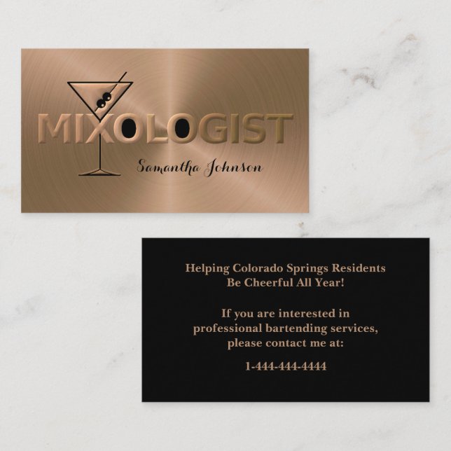 Shiny Copper & Black Event Bartender Business Card Visitkort (Fram/baksida)