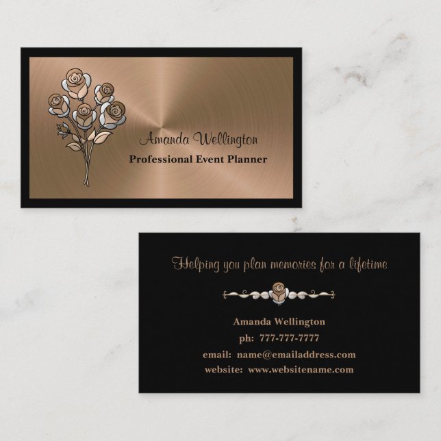 Shiny Copper Floral Event Planner Business Card Visitkort (Fram/baksida)