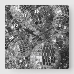 Shiny Disco Boll Ornaments Black and White Photo Fyrkantig Klocka