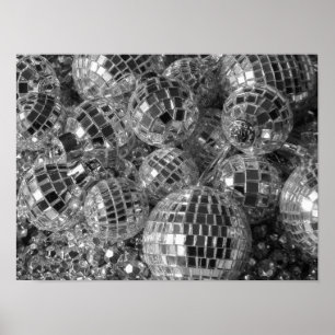 Shiny Disco Boll Ornaments Black and White Photo Poster