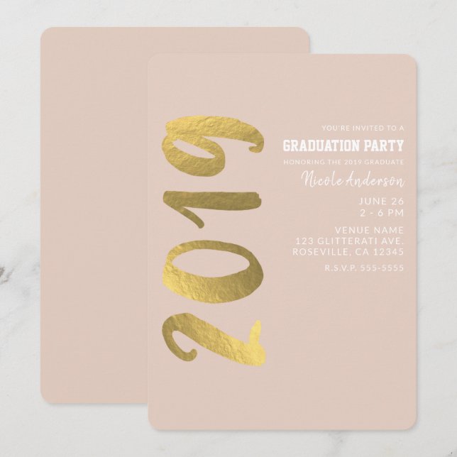 Shiny Faux Gold Foil Beige Glam 2019 Studenten Inbjudningar (Fram/baksida)