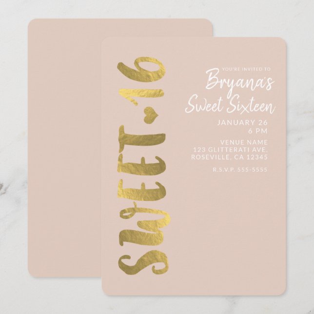 Shiny Faux Gold Foil Beige Sweet 16 Sexton Party Inbjudningar (Fram/baksida)