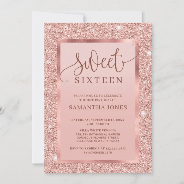 Shiny glamor ro guld glitter sweet sixteen inbjudningar (Framsida)