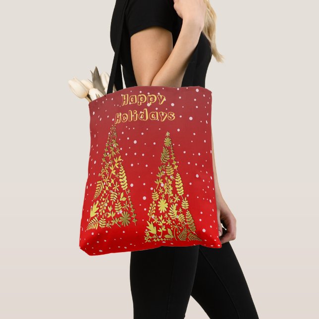 Shiny Golden Julgranar Helgdag Tote Bag Tygkasse (Närbild)