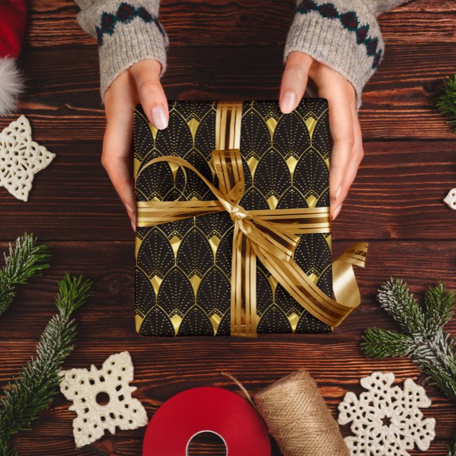 Shiny Guld Art Deco Mönster på svart Presentpapper (Skapare uppladdad)