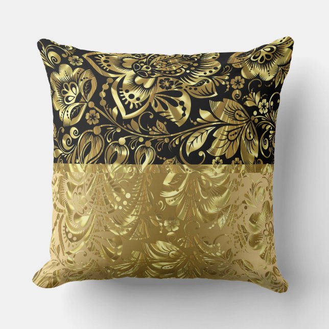 Shiny Guld Damask Black accent Kudde (Framsida)