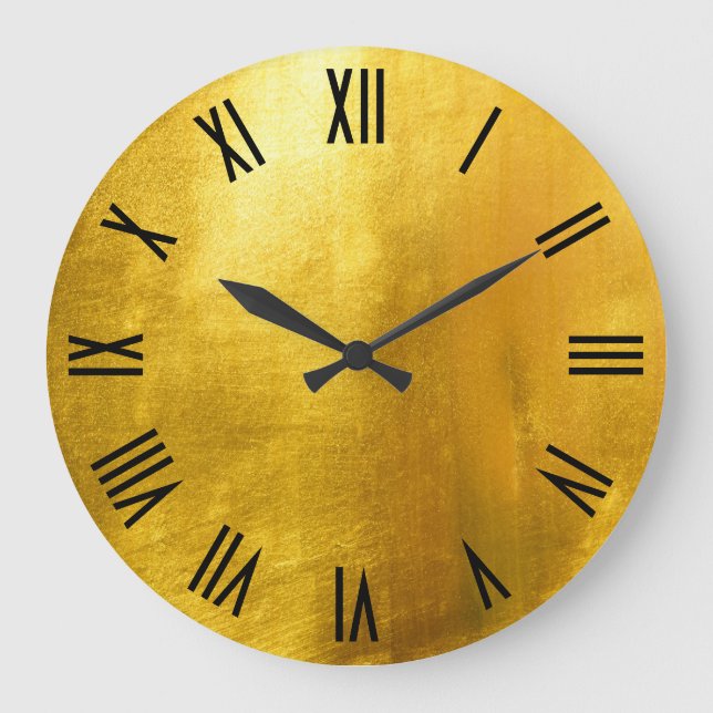 Shiny Guld Faux Foil Black Roman Numerals Stor Klocka (Framsida)