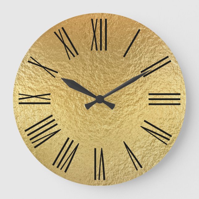Shiny Guld Faux Foil Black Roman Numerals Stor Klocka (Framsida)
