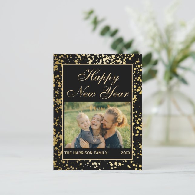 Shiny Guld Glitter, nyårsfotosvart Vykort (Stående Fram)