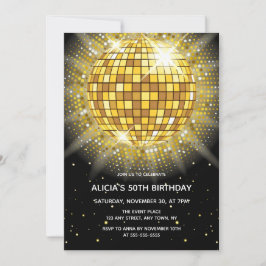 Shiny Guld Halftone Disco Boll Black Birthday Inbjudningar