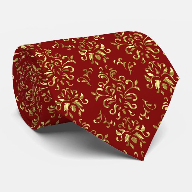 Shiny Guld och Red Vintage Swirls Mönster Slips (Rullad)