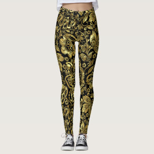 Shiny Guld på den svarta Blommigten Damasker Mönst Leggings