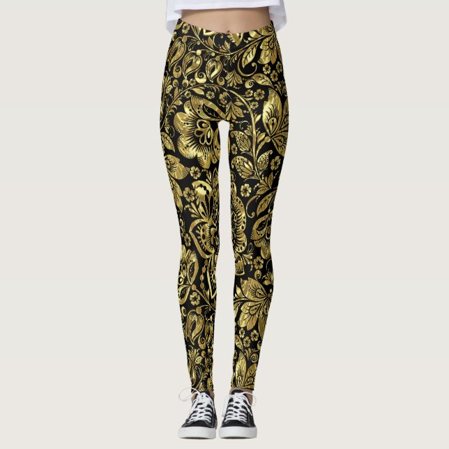 Shiny Guld på den svarta Blommigten Damasker Mönst Leggings (Framsida)