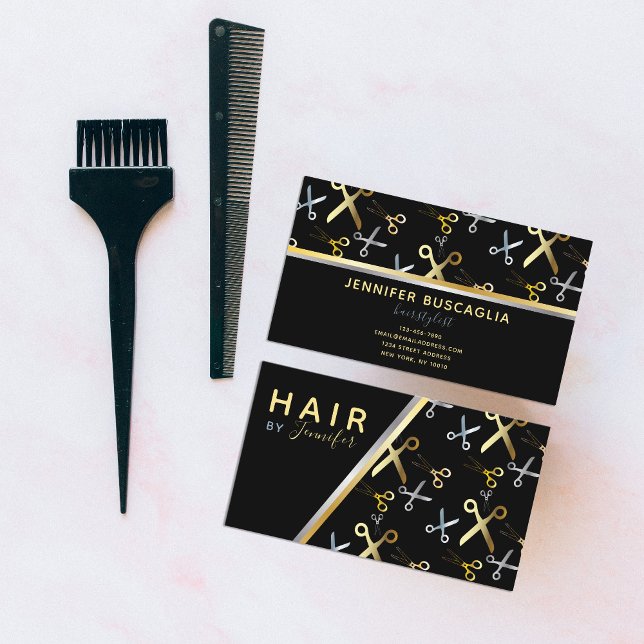 Shiny Guld & Silver Sissors Mönster Hairstylist Visitkort (Skapare uppladdad)