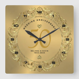 Shiny guld Swirls Circle 50:e bröllop Fyrkantig Klocka